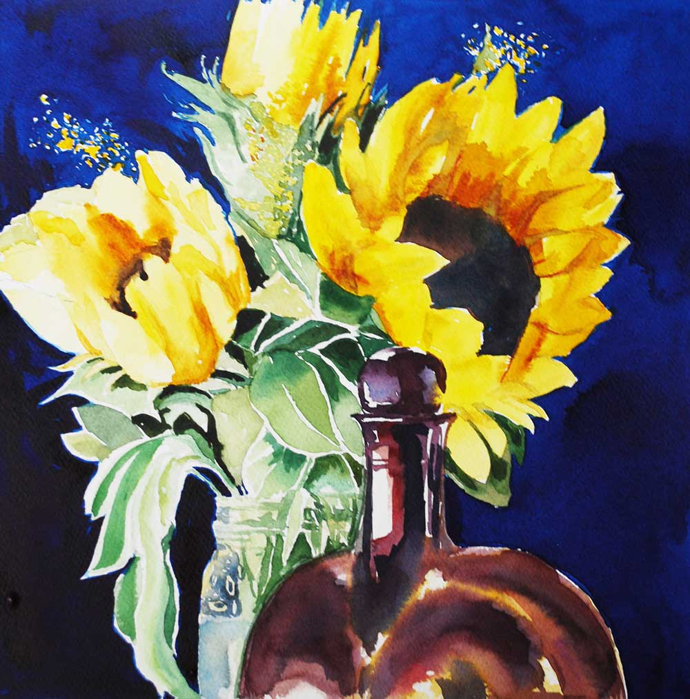 Sunflowers in Love, Watercolor, 12x14", by Judith Gahn Murphy