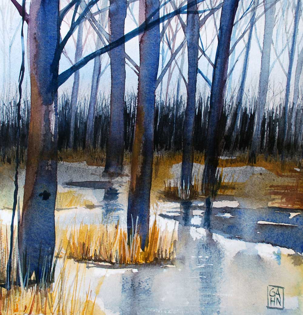 Winter Thaw, Watercolor, 12x12", by Judith Gahn Murphy