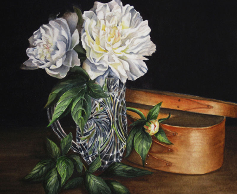 Shaker Box with Peonies, Watercolor, by Shelby J. Schait