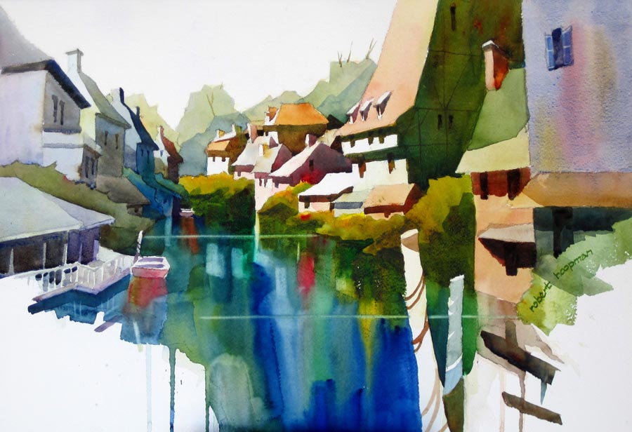 Colmar Canal, Watercolor, 15x22", by Robert C. Hoopman